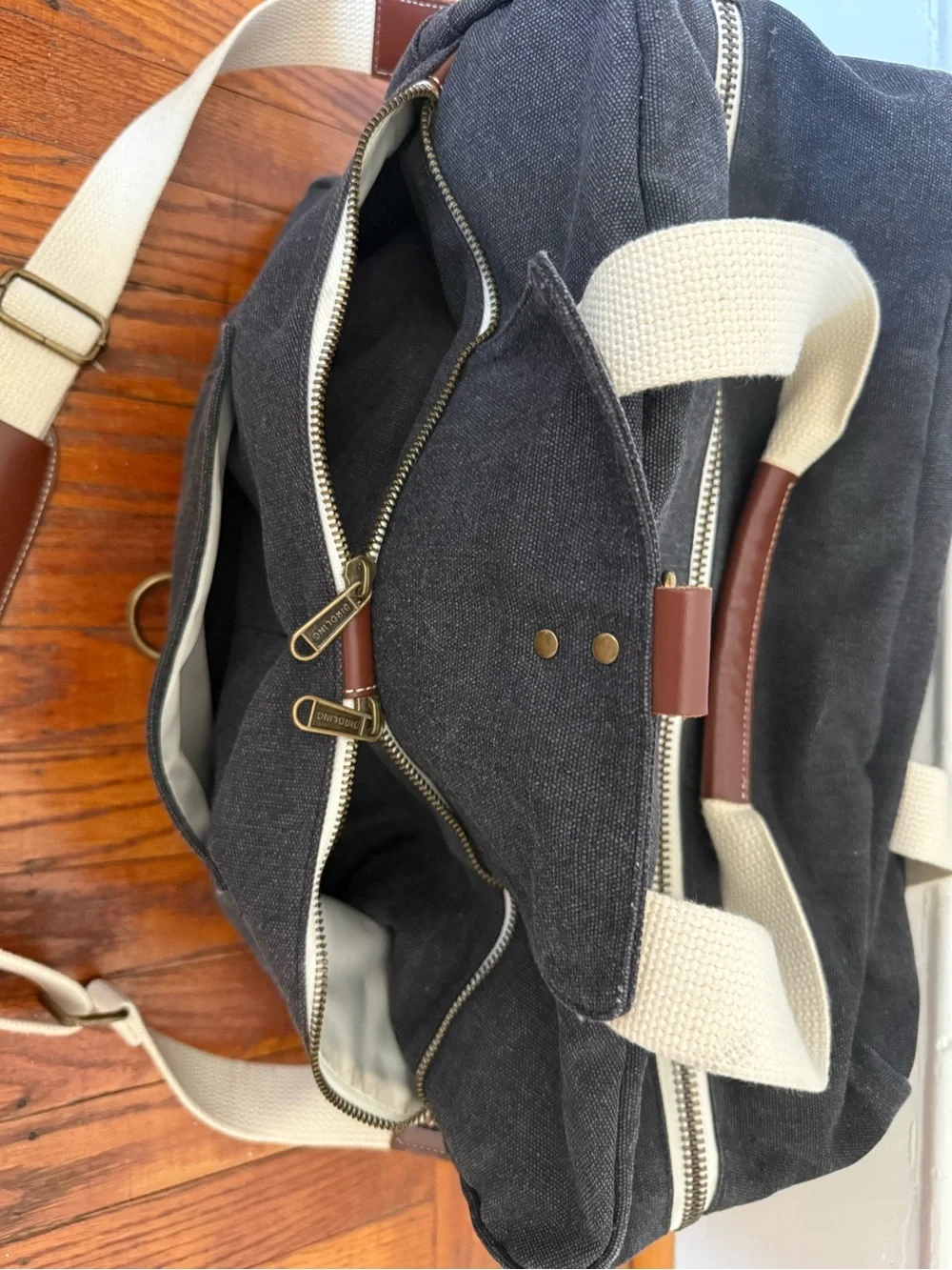 Birdling Black Canvas Duffel Bag with Cream Straps